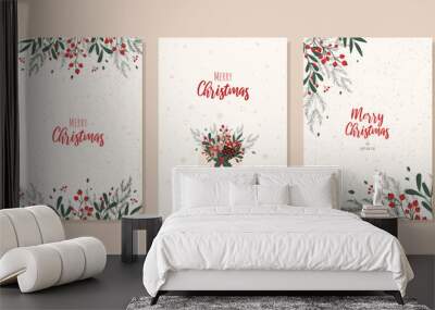 Set of Christmas cards with decorations of Christmas trees, branches with red berries. Vector Wall mural