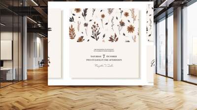 Templates for square wedding invitations with an autumn bouquet. Brown, gold branches and leaves, pampas grass, dry grass. Boho and rustic wedding. Vector Wall mural