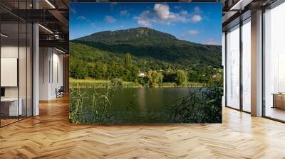 View of the lake, forest, mountains and blue sky with clouds.Lake Machilly, Le Signal des Voirons mountain peak,Haute-Savoie in France. Wall mural