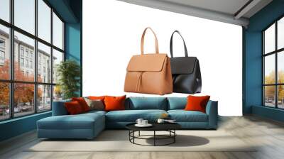 beautiful brown, black leather female fashion bag with transparent background, perspective view Wall mural