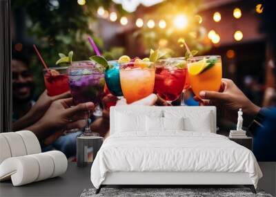 A group of friends cheerfully toasting with colorful cocktails at a vibrant summer terrace, Wall mural