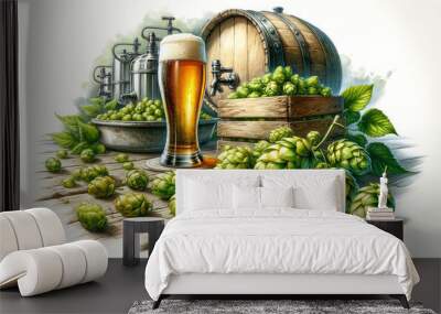 Illustration of a full, frothy beer mug surrounded by lush green hops and barley on an old rustic wooden table.
Generative ai Wall mural