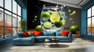 limes with water splash, background lime liquid splashing breakfast bright citrus colors cut design diet drink dripped droplet eating element expression falling flowing food fruit Wall mural