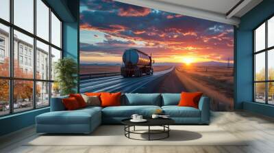 A tanker truck speeds along the highway with a vibrant sunset in the background, highlighting transport and energy industries.
generative ai Wall mural