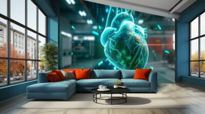 Holographic representation of a human heart with luminous blue and green energy fields shaping a captivating three dimensional form in a sleek and modern medical laboratory setting Wall mural