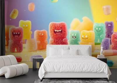 Whimsical Vitamin Gummies with Playful Personalities in Vibrant Candy Colored Setting Wall mural