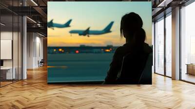 Silhouetted Passenger Watches Aircraft Taking Off at Sunset Airport Wall mural