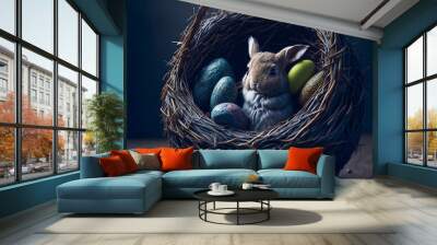 Cute bunny and colorful eggs in a nest, Easter postcard, created with Generative AI Wall mural