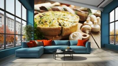 Pie with mushrooms, chicken and herbs Wall mural