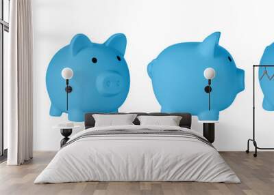 Set Piggy bank pig blue color on isolated white background close up Wall mural