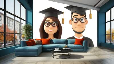 Graduation caps, male and female students, cartoon 3D Wall mural