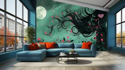 Romantic and dreamy illustration design art with night sky, moonlight, flowing long hair girl, and green flowers scattered and blooming. Wall mural