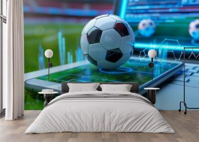 Sports betting online banner concept with soccer ball on laptop and mobile phone Wall mural