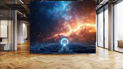 A captivating cosmic landscape featuring vibrant galaxies and a futuristic pathway illuminated by bright blue light. Wall mural