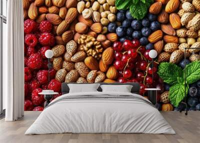 A colorful assortment of nuts and berries, showcasing a healthy and vibrant snack option perfect for any diet. Wall mural