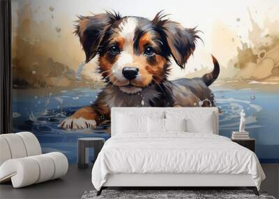 A cute puppy playing in the water Wall mural