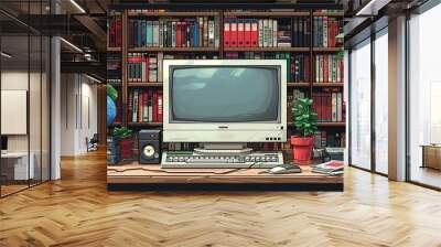 A pixel art illustration of a retro computer setup in a home office Wall mural