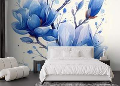 A vibrant watercolor painting of blue magnolia flowers in full bloom, showcasing delicate details and a serene natural beauty. Wall mural