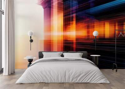 Abstract architectural composition with vibrant colors and dynamic lines, depicting modern structure and light interplay. Wall mural