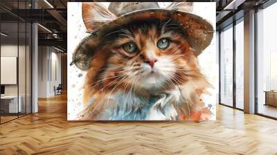 Adorable watercolor painting of a fluffy cat wearing a stylish hat with colorful abstract background. Wall mural