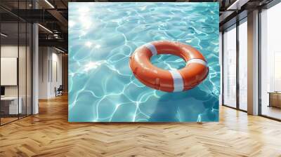 An artistic depiction of a colorful lifebuoy floating in a pool with light reflections, perfect for engaging summer safety posters or aquatic facility promotions Wall mural