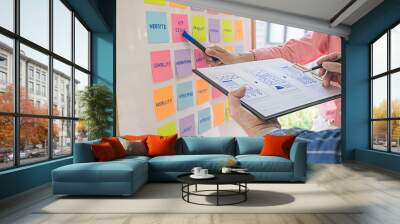 Web designer brainstorming for a strategy plan. Colorful sticky notes with things to do on office board. User experience (UX) concept. Wall mural