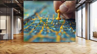 Close-up of a hand placing a yellow pushpin on a city map, highlighting a specific location among detailed street paths. Wall mural