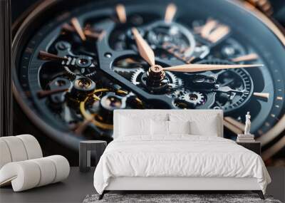 Close up of a mechanical wristwatchs inner workings highlighting the precise movement of balance wheel and springs Wall mural