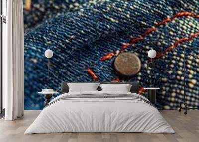 Close-up of denim fabric with a metallic rivet detail, showcasing texture and color. Wall mural