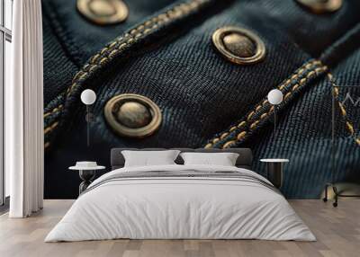 Close-up of denim fabric with metal buttons and stitching details. Wall mural