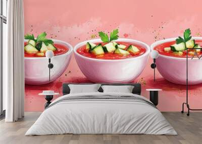 Colorful bowls of fresh gazpacho garnished with cucumber and herbs, perfect for summer meals or healthy recipes. Wall mural