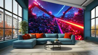 Futuristic robotic arms working in a high-tech industrial setting with vibrant neon lights and dynamic lighting effects. Wall mural