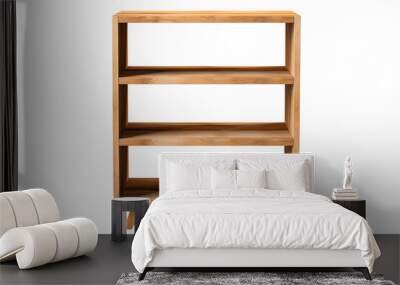 The photo shows a 3-shelf bookcase made of natural wood Wall mural