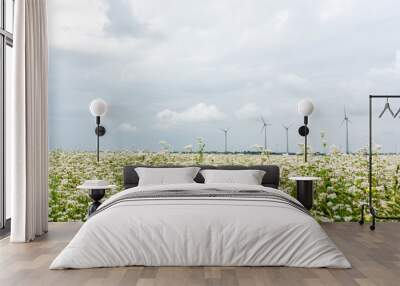 Wind Turbines and buckwheat fields on a cloudy day. Near storm Wall mural