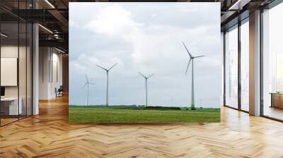 Wind Turbines and green fields on a cloudy day. Near storm Wall mural