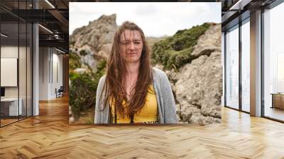 young woman portrait with Formentor Landscape, Mallorca, Balearic island, Spain Wall mural