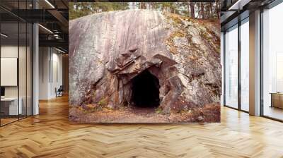 Black hole in rock wall, entrance to the cave in Spro, old mineral mine. Nesodden Norway. Nesoddtangen peninsula. Wall mural