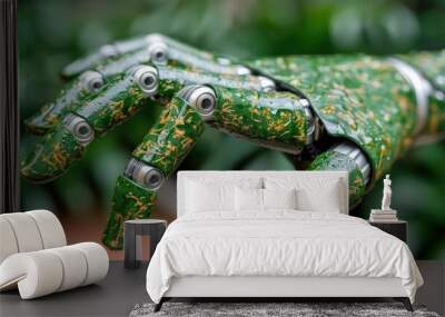 A robot hand and a natural hand covered with grass gently touching fingertips against a backdrop of a lush green landscape, symbolizing the harmonious integration of technology and nature Wall mural