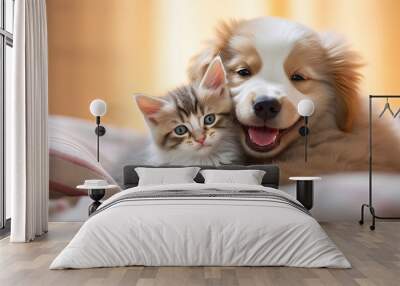 Playful kitten and puppy Wall mural