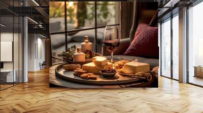 Tray of assorted cheese and crackers with a glass of red wine Wall mural