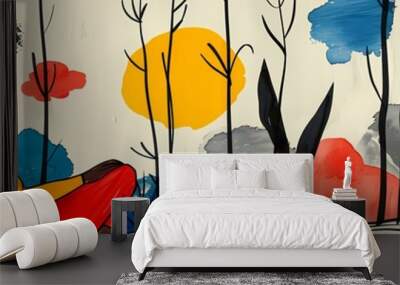 A serene moment of reflection and gratitude by a woman amidst abstract foliage in a minimalist style Wall mural