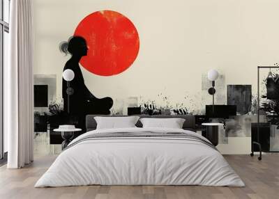 A woman meditates peacefully in silhouette with a large red circle in the background, minimal illustration of meditation and mindfulness Wall mural