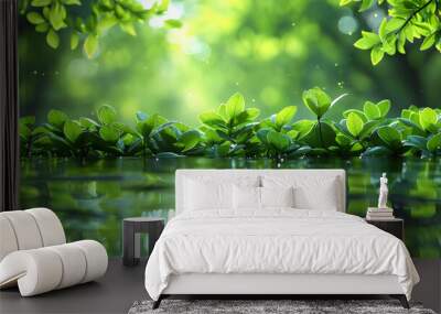 Young green leaves peacefully near water, creating a serene and tranquil scene, peacefulness and harmony with nature Wall mural