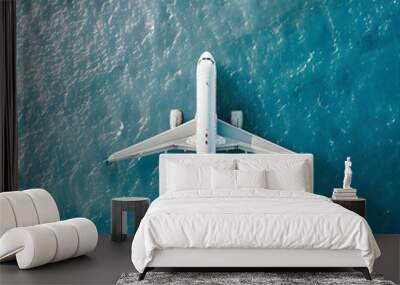 Aerial top down view of a white passenger airplane flying above bright blue sea water Wall mural