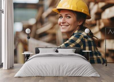 Construction worker wearing a hard hat is smiling while leaning on a wood plank in a lumber yard Wall mural