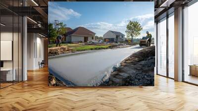 Construction workers are building a new driveway for a residential home Wall mural