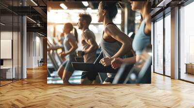 Group of young athletes running on treadmills in a row at the gym Wall mural