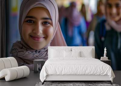 lifestyle photo Happy teenage girl in hallway at high school looking at camera. Her friends are in the background Muslim American. Wall mural