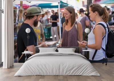 lifestyle street fair people buying crafts and art. Wall mural