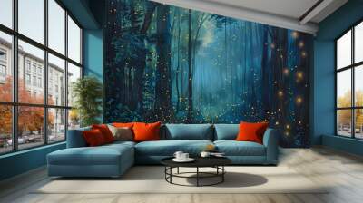 Mystical forest under a starry night sky teeming with glowworms Wall mural